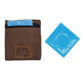 Hide & Drink Condom Pouch featuring a blue condom, crafted from water resistant waxed canvas. This pouch serves as a practical change or tech pocket purse, making it a classic partner gift. Ideal for travel and honeymoon essentials, handmade by artisans in La Antigua Guatemala.
