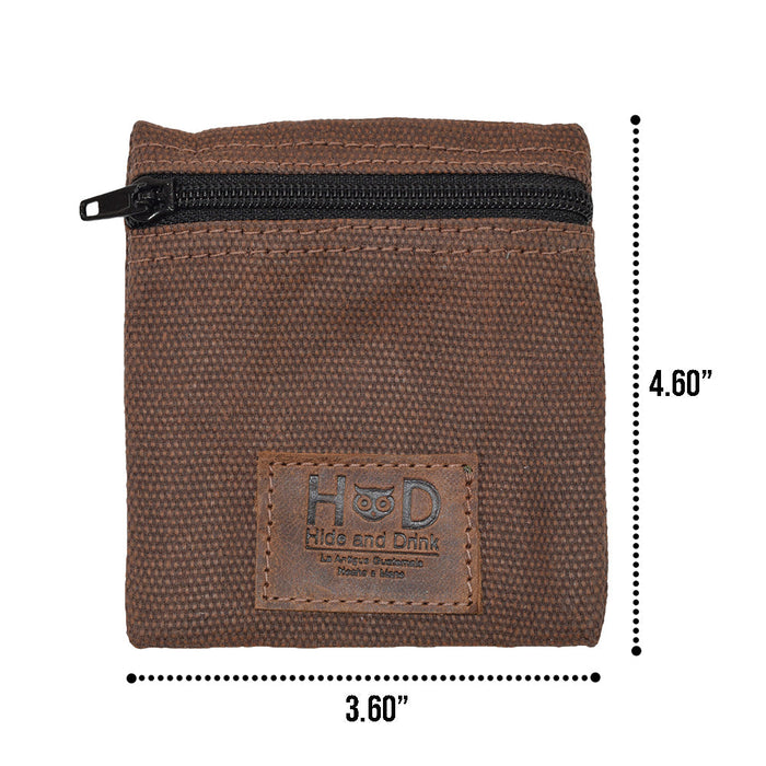 Hide & Drink Condom Pouch presented with detailed dimensions, crafted from water resistant waxed canvas. This custom pocket purse is ideal for everyday essentials, making it a great classic partner gift. Handmade in La Antigua Guatemala emphasizes artisan quality in small batch craft.