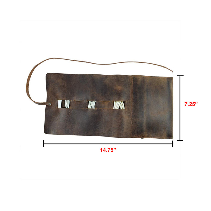 Dimensions illustration of Hide & Drink Cord Pouch, displaying its size for use as a cord organizer or cable holder. Artisan crafted from full grain leather in small batch production in La Antigua Guatemala & Oaxaca Mexico.
