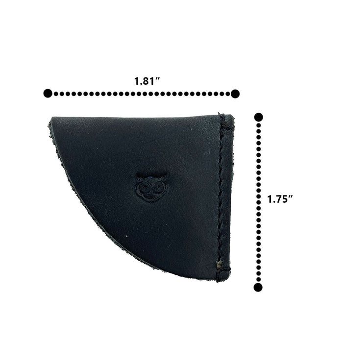 Detailed black leather corner bookmark from Hide & Drink, part of the Corner Bookmark 3-Pack, illustrating precise dimensions for perfect book marking. This full grain leather bookmark exemplifies artisan quality with small batch production methods, hand cut and hand sewn, and fire branded from La Antigua Guatemala & Oaxaca Mexico.