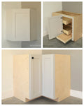 Collage of a wooden cabinet with open and closed doors on a neutral background.