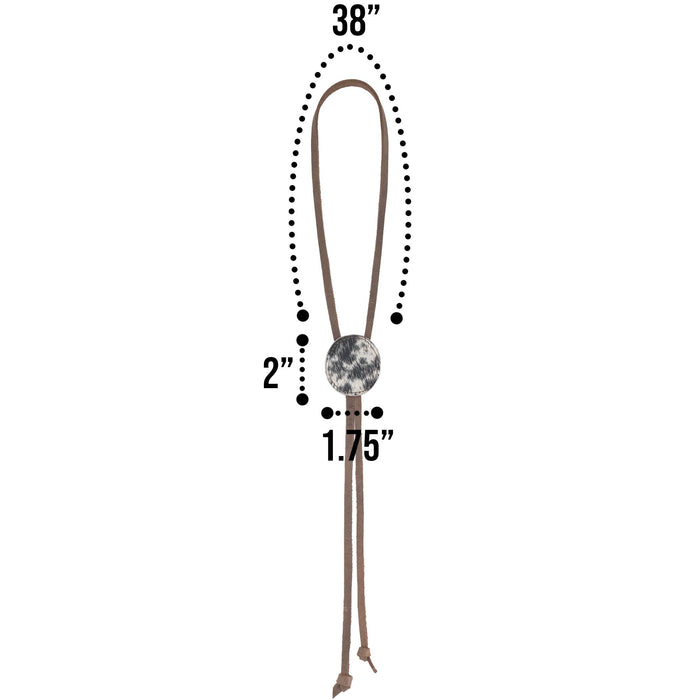 Cowboy Bolo Tie from Western Leather Works dimensions displayed, featuring round shape and full grain leather. An artisan necktie accessory emphasizing small batch production and handcrafted detail, made in La Antigua Guatemala & Oaxaca Mexico.
