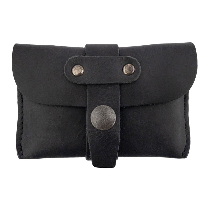Front view of Hide & Drink's black Credit Card Holder, featuring durable Full Grain Leather. This artisan-crafted minimalist front pocket wallet adds elegance to your everyday essentials, embodying the artisan spirit of small batch production in La Antigua Guatemala.