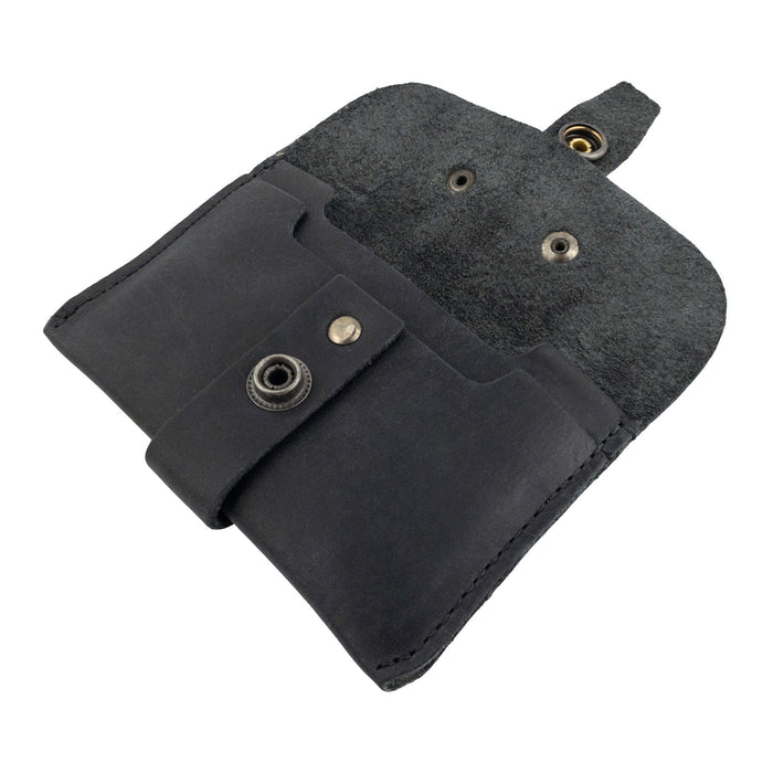 Interior view of Hide & Drink's black Credit Card Holder, showcasing its practical design with card slots crafted from quality Full Grain Leather. This personalized, artisan handmade wallet is a testament to great craftsmanship from La Antigua Guatemala.