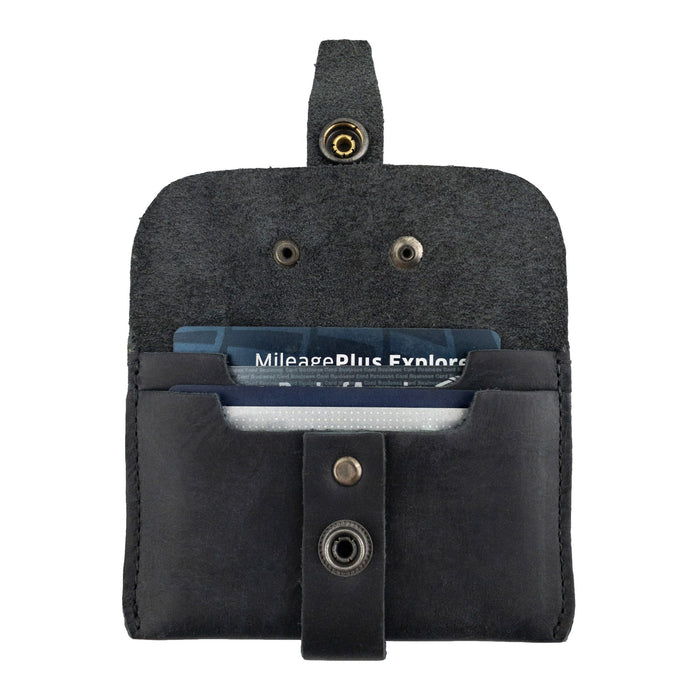 Back of Hide & Drink's black Credit Card Holder showing additional slots, emphasizing its handmade craftsmanship from quality Full Grain Leather. Ideal for a minimalist lifestyle, this artisan wallet is designed for practicality and style.