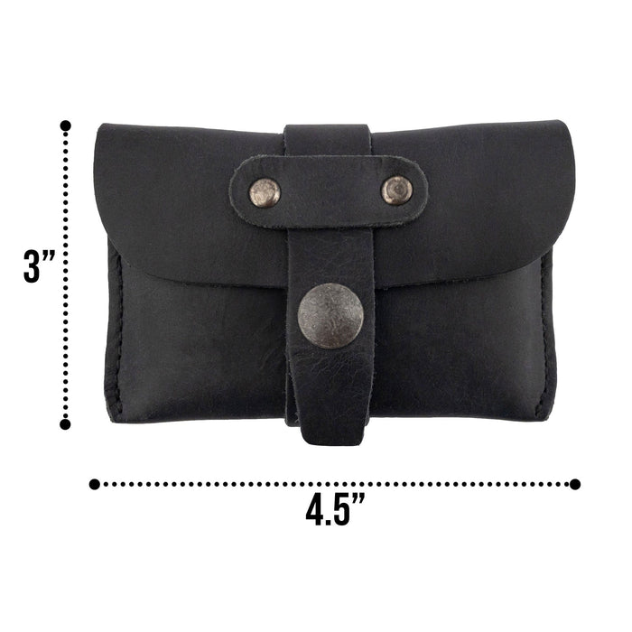 Hide & Drink's black Credit Card Holder featuring size dimensions displayed. This Full Grain Leather minimalist wallet is hand crafted in La Antigua Guatemala, showcasing the essence of small batch production and artisanal work.