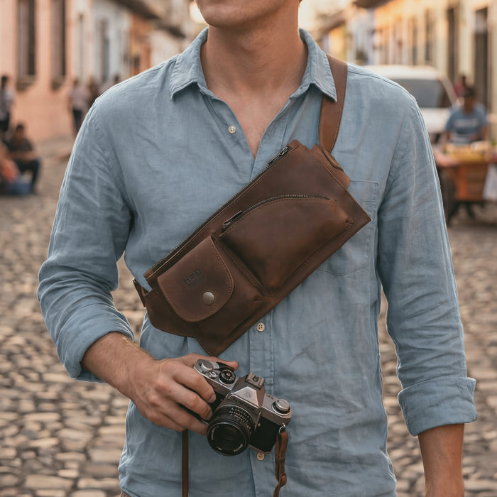The Crossbody Multi-Pocket Bag by Hide & Drink is modeled and worn, demonstrating its fashionable utility in dark full grain leather. As a versatile Crossbody Bag, Messenger Bag, and Shoulder Bag, it serves as an ideal Travel Accessory. Handmade in small batches, this artisan product showcases the attention to detail from La Antigua Guatemala & Oaxaca Mexico.