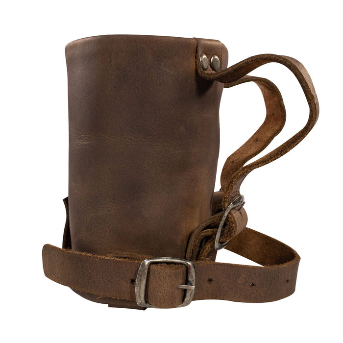 Side view of the Cruzy Bike Handlebar Cup Holder by Hide & Ride, highlighting the robust full grain leather and strap design. Ideal for commuters and casual bikers, this handmade item embodies small batch production in La Antigua Guatemala.