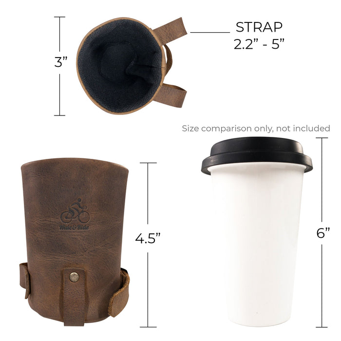 Size comparison image of the Cruzy Bike Handlebar Cup Holder by Hide & Ride alongside a coffee cup, illustrating its practical dimensions. This artisan-made full grain leather pouch is perfect for urban cyclists looking for style and functionality, made in La Antigua Guatemala.