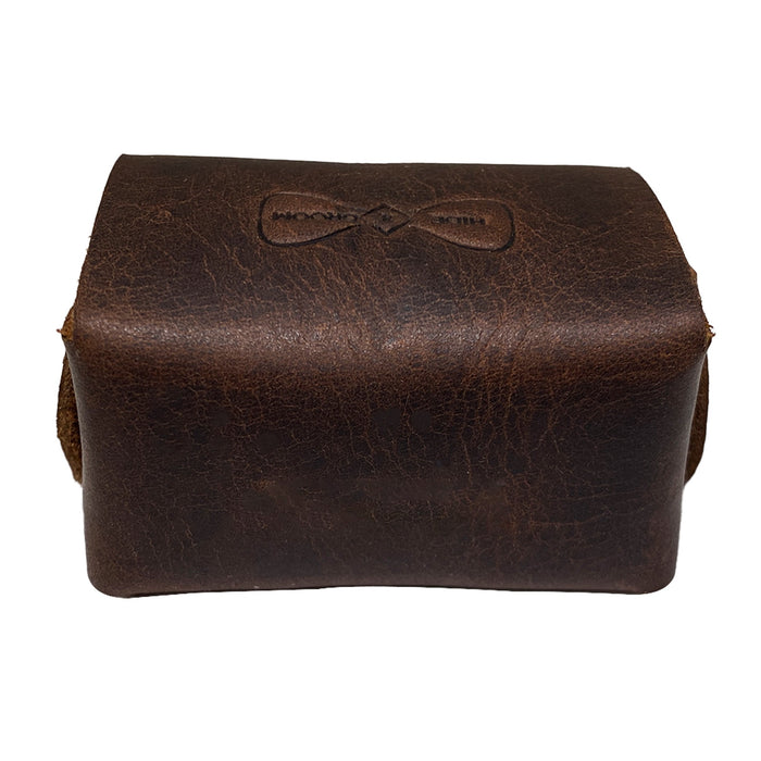Back view of a rustic cufflinks case by Hide & Groom, revealing the high-quality finish and fire-branded design. This stylish cufflinks case is ideal for keeping men's accessories organized and secure. Rustic Cufflinks Case - Protective Storage for Shirt Studs, Men's Accessories, Full Grain Leather, StockyardX, Small Batch Production, Hand Cut, Hand Sewn, Fire Branded, Artisan, Handmade in La Antigua Guatemala & Oaxaca Mexico.