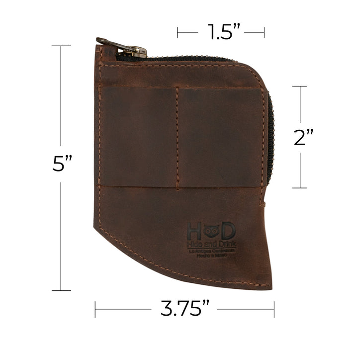 Hide & Drink EDC Pocket Wallet dimensions displayed with a focus on its functionality as a curved cash organizer and slim front card holder. The wallet is made from full grain leather and is hand sewn by artisans.