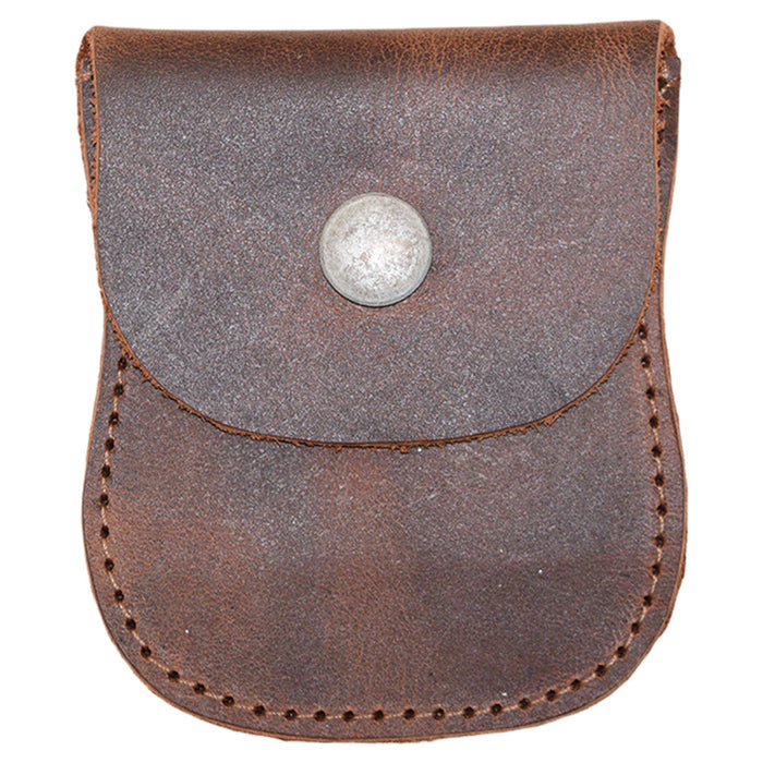 A close-up view of the Curvy Coin Pouch by Hide & Drink, showcasing its rustic design in full grain leather, perfect as a pocket case for pennies. This handmade artisan product is crafted in La Antigua Guatemala.