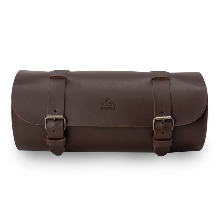 Cylinder Tool Roll for Motorcycle by Hide & Ride, featuring a stylish design in full grain leather. Perfect as a Circular Motorcycle Tool Bag, this universal saddlebag for motorcycle is hand cut and sewn, showcasing artisan craftsmanship made in La Antigua Guatemala. Durable and practical, it serves as an ideal fork bag for bikers.