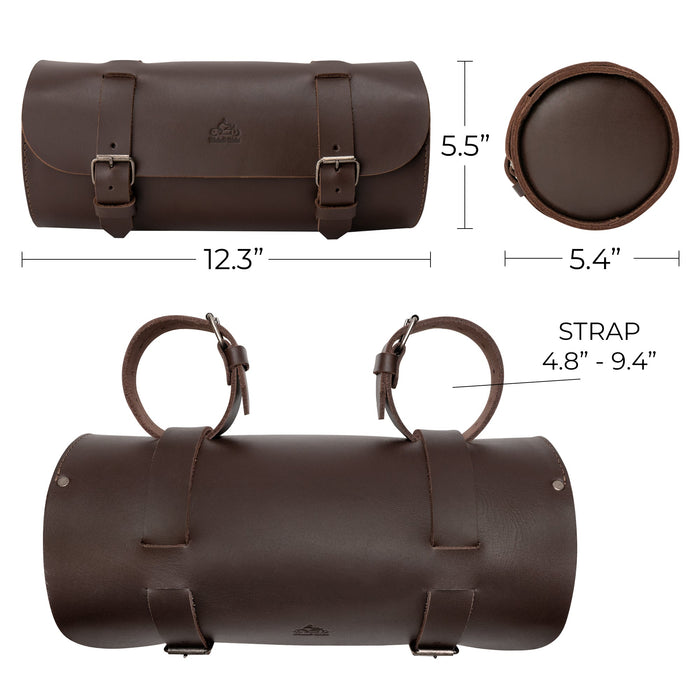 Cylinder Tool Roll for Motorcycle by Hide & Ride, beautifully displayed with a presentation card. This artisan-crafted, full grain leather roll works as a Circular Motorcycle Tool Bag, providing a stylish and functional universal saddlebag for bikers. Handmade with care in La Antigua Guatemala.