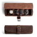 Showcasing the Cylinder Watch Case by Hide & Drink, designed to hold 4 watches with a luxurious Full Grain Leather finish. This stylish storage box and jewelry roll organizer is perfect for travel. Each piece is handcrafted through small batch production in La Antigua Guatemala & Oaxaca Mexico, emphasizing hand cut, hand sewn craftsmanship and artisan quality.