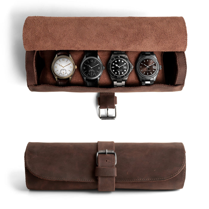 Showcasing the Cylinder Watch Case by Hide & Drink, designed to hold 4 watches with a luxurious Full Grain Leather finish. This stylish storage box and jewelry roll organizer is perfect for travel. Each piece is handcrafted through small batch production in La Antigua Guatemala & Oaxaca Mexico, emphasizing hand cut, hand sewn craftsmanship and artisan quality.