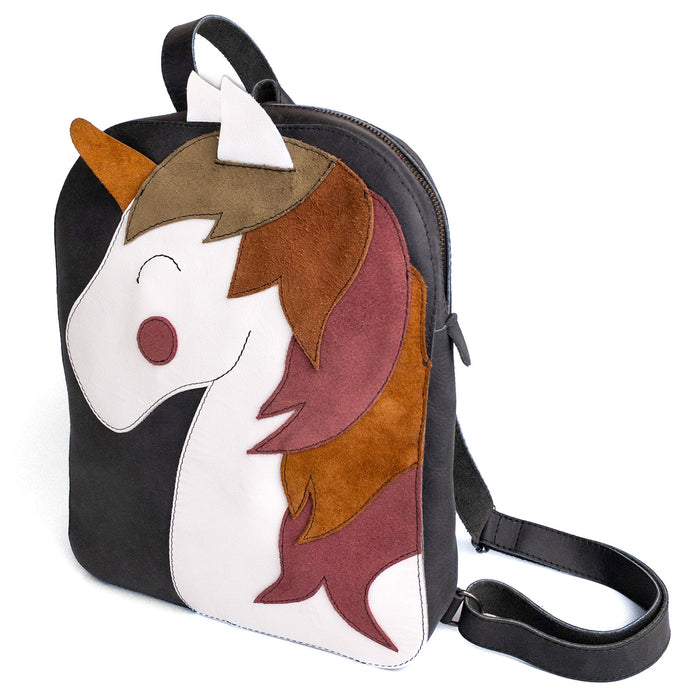 Hide & Play Daily Backpack with Unicorn Design featuring a colorful unicorn face in a whimsical yet practical style. This casual bag is made from full grain leather and perfect for everyday use as a messenger bag or travel bag for men and women. Handmade in La Antigua Guatemala, this small batch production backpack is artisan-crafted with hand-cut and hand-sewn techniques, ensuring quality and durability.