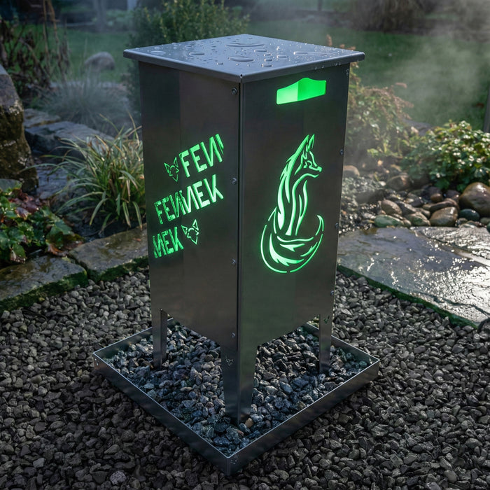 Die FENNEK Feuersäule steht in einem schönen Garten auf einem Kiesbett in ihrer Aschewanne aus Edelstahl. Die Aschewanne ist befüllt mit Kieselsteinen und dient somit nicht nur zum Schutz des Untergrunds, sondern auch als Deko-Element. Der passende Deckel aus Edelstahl schützt die Feuersäule vor Witterung. Natürlich Made in Germany!