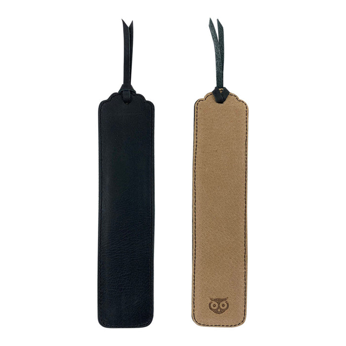 Deluxe Long Bookmark (2 Pack) by Hide & Drink, featuring a black leather bookmark shown upright. This elegant reversible page marker serves as a classic accessory for reading enthusiasts, made from full grain leather, highlighting stockyardX, small batch production, hand cut, hand sewn, fire branded, artisan craftsmanship, handmade in La Antigua Guatemala & Oaxaca Mexico.