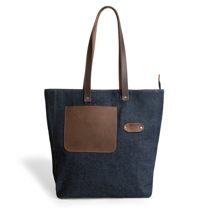 Denim Tote Bag with Leather Straps by Hide & Drink featuring a stylish design and leather accents. Durable Denim Tote Bag with Leather Straps, Cell Phone Purse, Shoulder Bag for Girls, Full Grain Leather, StockyardX, Small Batch Production, Hand Cut, Hand Sewn, Fire Branded, Artisan, Handmade in La Antigua Guatemala & Oaxaca Mexico.
