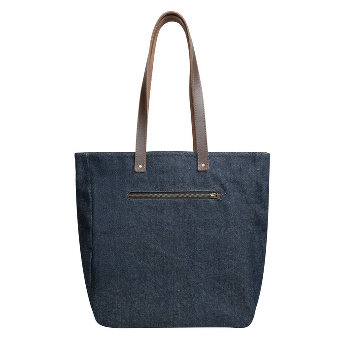 Back view of the Denim Tote Bag with Leather Straps by Hide & Drink, featuring a zippered compartment for extra security. Durable Denim Tote Bag with Leather Straps, Cell Phone Purse, Shoulder Bag for Girls, Full Grain Leather, StockyardX, Small Batch Production, Hand Cut, Hand Sewn, Fire Branded, Artisan, Handmade in La Antigua Guatemala & Oaxaca Mexico.