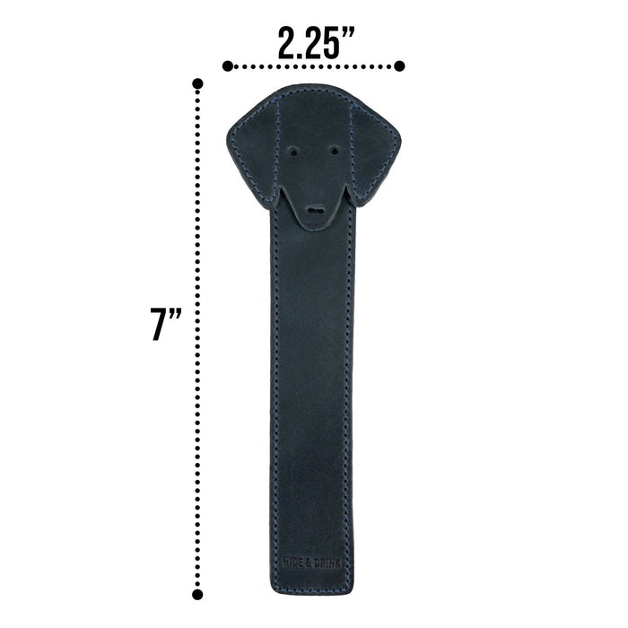 Hide & Drink's dimensions of the navy Dog Bookmark showcasing its Full Grain Leather design. This handmade bookmark embodies artisan craftsmanship with small batch production and fire branding, made in La Antigua Guatemala & Oaxaca Mexico.