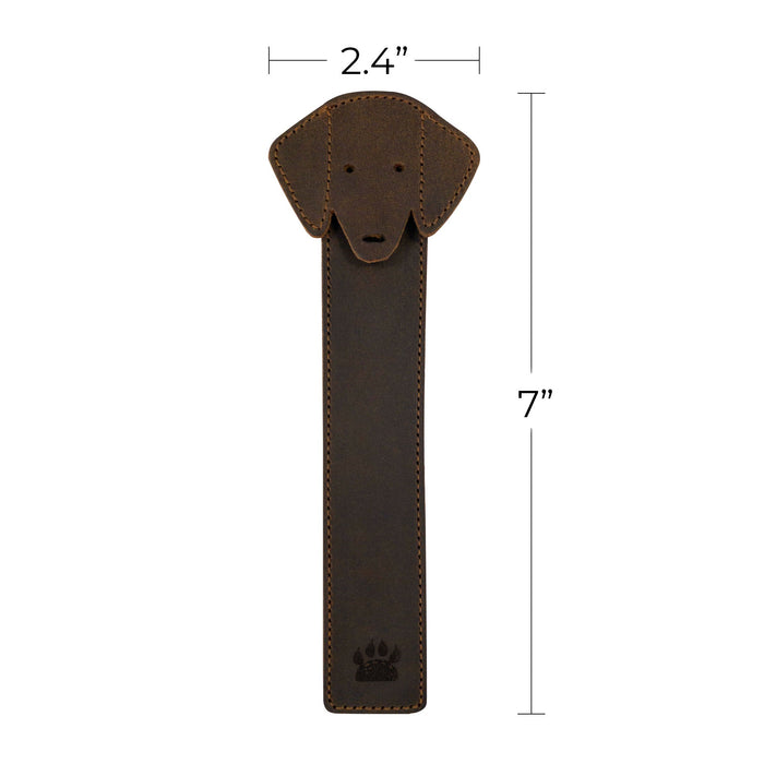 Dimensions of the Taco Dog Dog Bookmark showcased, illustrating its size and design. This cute page marker is crafted from soft, durable full grain leather and makes a perfect accessory for book lovers and dog enthusiasts, proudly handmade in La Antigua Guatemala.