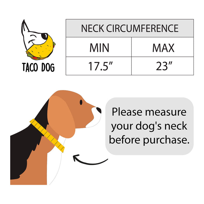 Informative illustration of Taco Dog's Dog Collar with Handle sizing guide. This Dog Collar with Handle is adjustable for necks between 17.5" to 23", ensuring a perfect fit for small, medium, and large dogs. Crafted with love in La Antigua Guatemala, it's durable and handmade, perfect for walking and training.
