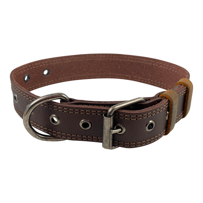 Taco Dog Rustic Leather Dog Collar showcasing durable full grain leather, designed for medium to large dogs. Features a heavy-duty adjustable buckle and metal D ring for leash and ID tag attachment, handmade by artisans in La Antigua Guatemala.
