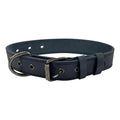 Taco Dog Black Leather Dog Collar highlighting its sturdy full grain leather material, suitable for medium to large dogs. Features an adjustable buckle and metal D ring, handcrafted in La Antigua Guatemala.