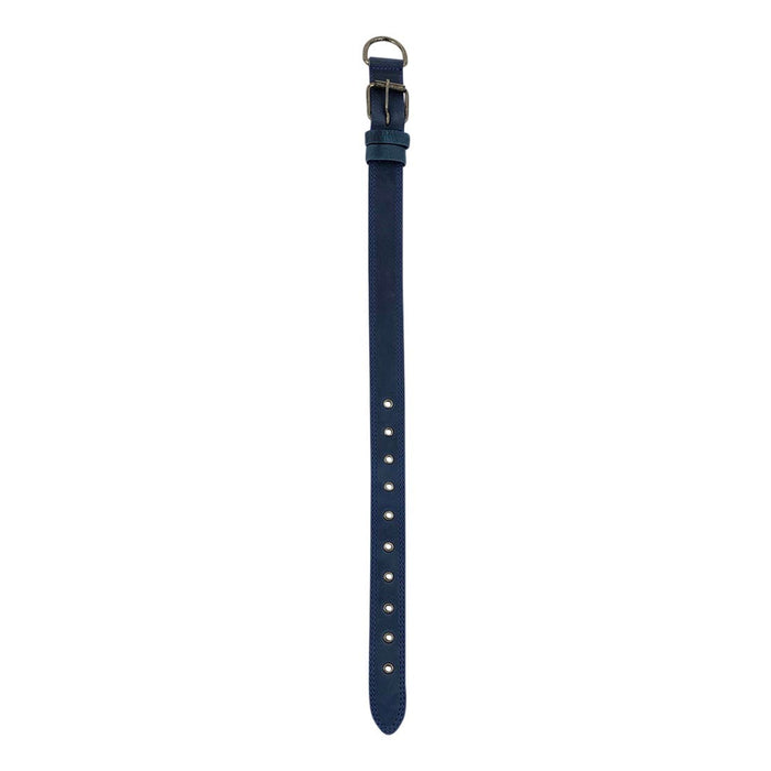 Back view of Taco Dog Blue Leather Dog Collar featuring its robust design in leather for medium to large dogs. Includes heavy-duty adjustable buckle and metal D ring, handcrafted in La Antigua Guatemala.