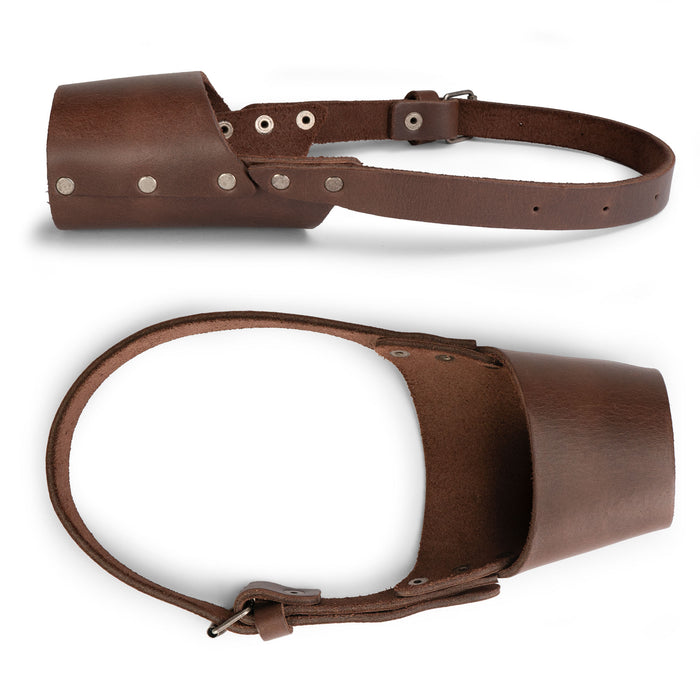 Detailed view of Taco Dog Dog Muzzle, illustrating its sturdy yet comfortable design made from full grain leather. Ideal for training and safeguarding, this artisan-made Dog Muzzle is perfect for preventing biting or chewing.