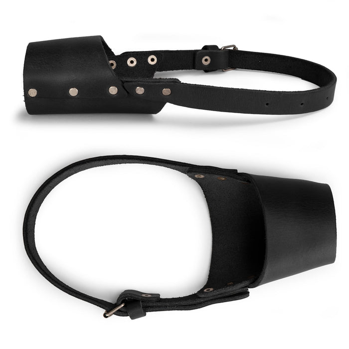 Close-up view of Taco Dog Dog Muzzle, featuring its handmade full grain leather design. This secure muzzle is perfect for training and prevents chewing and biting.
