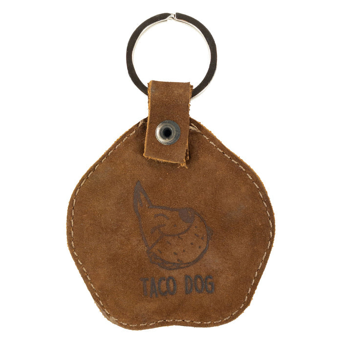 Unique Dog Paw Keychain by Taco Dog, ideal for pet lovers, featuring a cute stitched design and the brand logo. This key ring fob is made from full grain leather and includes a split keyring. Handmade with care in La Antigua Guatemala & Oaxaca Mexico.