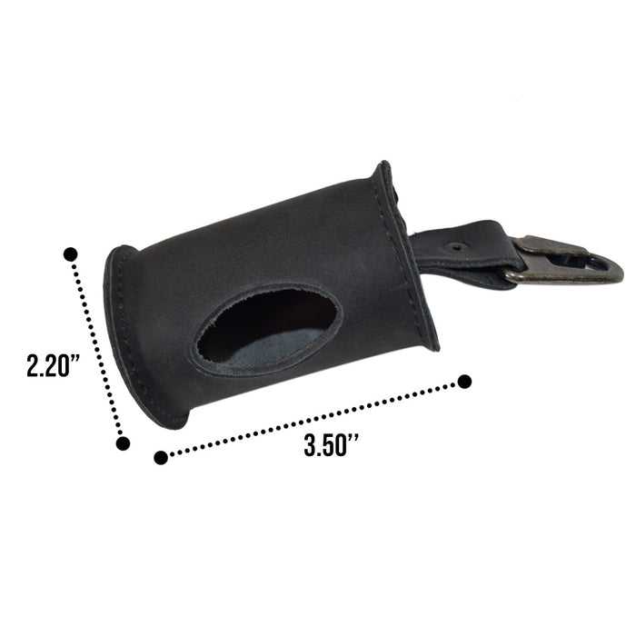 Black Doggie Bag Dispenser by Hide & Drink, highlighting its functional design with a thick full grain leather material and brass metal clip. Perfect for dog walkers looking for a stylish waste bag holder, handmade in La Antigua Guatemala.