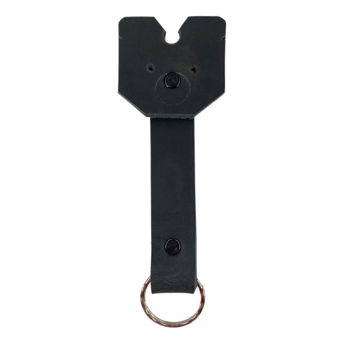 Front view of a black Taco Dog Doggy Fob Keychain, showcasing its design and functionality. This handmade accessory made from full grain leather is both durable and lightweight, ideal for dog lovers seeking practical gifts with artisan quality from La Antigua Guatemala.