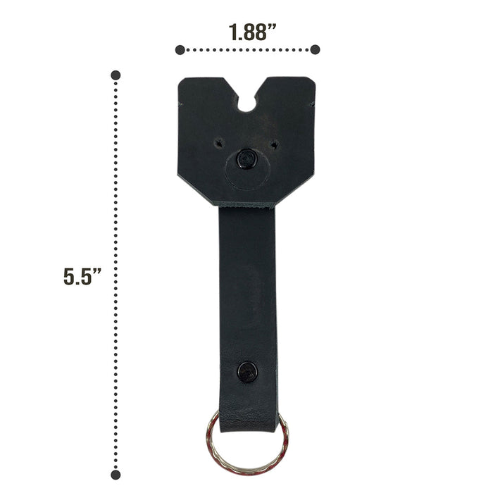 Displaying the dimensions of a black Taco Dog Doggy Fob Keychain, showing its compact design. This lightweight and durable accessory, made from full grain leather, is the perfect gift for dog lovers, emphasizing artisan quality from La Antigua Guatemala.