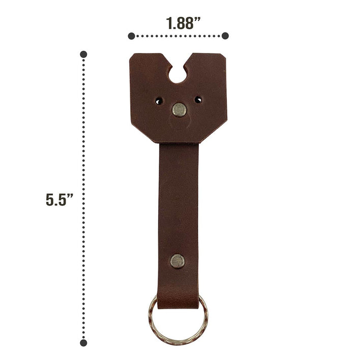 Measuring dimensions of Taco Dog's Doggy Fob Keychain, illustrating its compact size. This lightweight, durable accessory is crafted from full grain leather, perfect for everyday use. A great gift idea for dog lovers, highlighting artisan craftsmanship from La Antigua Guatemala.