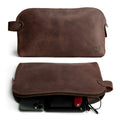 Stylish Dopp Kit Utility Bag by Hide & Drink showcasing durability and elegance. This large rustic all-purpose Dopp Kit Utility Bag works great for cords & chargers, crafted from full grain leather using artisan skills such as hand cutting and hand sewing, handmade in La Antigua Guatemala & Oaxaca Mexico.
