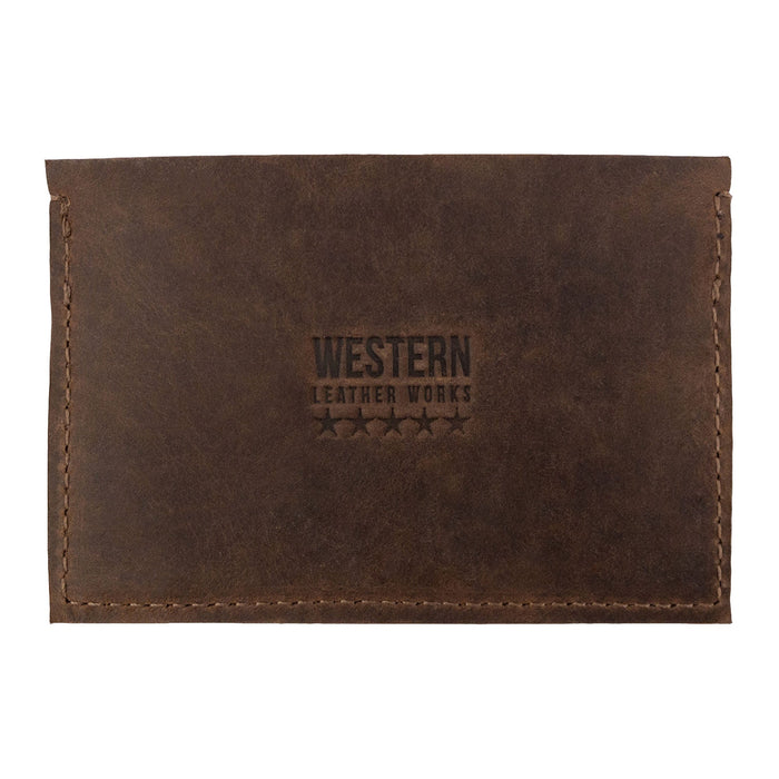 Western Leather Works Double Card Wallet showcasing the classic dark leather back. This Compact Storage solution serves as an ID holder for those who appreciate full grain leather craftsmanship. Handmade in La Antigua Guatemala with expertise in small batch production, featuring hand cut, hand sewn design and fire branding.