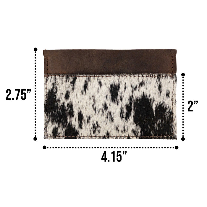 Dimensions of the Western Leather Works Double Card Wallet illustrated with measurements. This Minimalist Rodeo Wallet is designed for compact storage, ideal as an ID holder for on-the-go usage. Hand cut and hand sewn in La Antigua Guatemala, showcasing high-quality full grain leather craftsmanship.