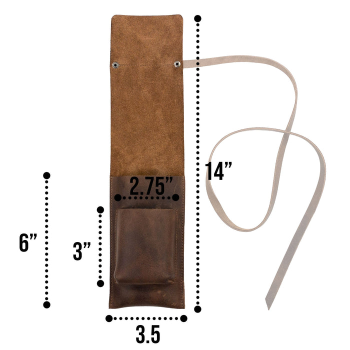 Dimensions of the Double Cigar Holder by Hide & Drink, constructed from durable Full Grain Leather. Ideal for cigar enthusiasts, this item represents quality and craftsmanship as part of StockyardX’s Small Batch Production, featuring hand cut and hand sewn details. Fire branded elements reflect its artisan origins from La Antigua Guatemala & Oaxaca Mexico.