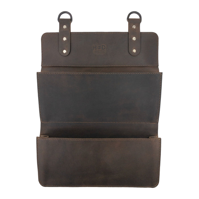 Hide & Drink Double Document Holder for Hanging featuring a rustic design made of full grain leather, perfect for wall mount file storage and home decor. This artisan-crafted piece showcases small batch production with hand cut and hand sewn details, fire branded for authenticity, handmade in La Antigua Guatemala & Oaxaca Mexico.