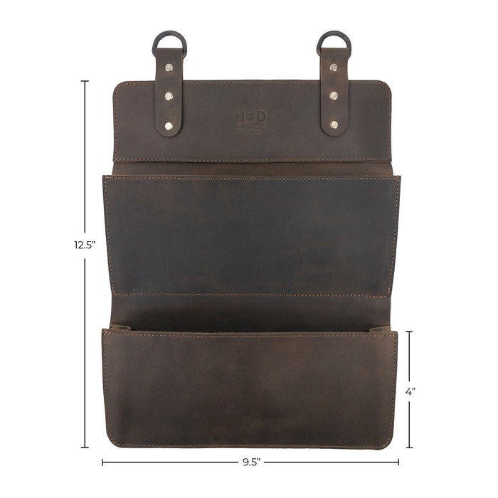 Hide & Drink Double Document Holder for Hanging with measurement details, highlighting its dimensions. This elegant piece is ideal for wall mount file storage and made from full grain leather, reflecting artisan craftsmanship, small batch production methods, hand cut, hand sewn, and fire branded, all handmade in La Antigua Guatemala & Oaxaca Mexico.