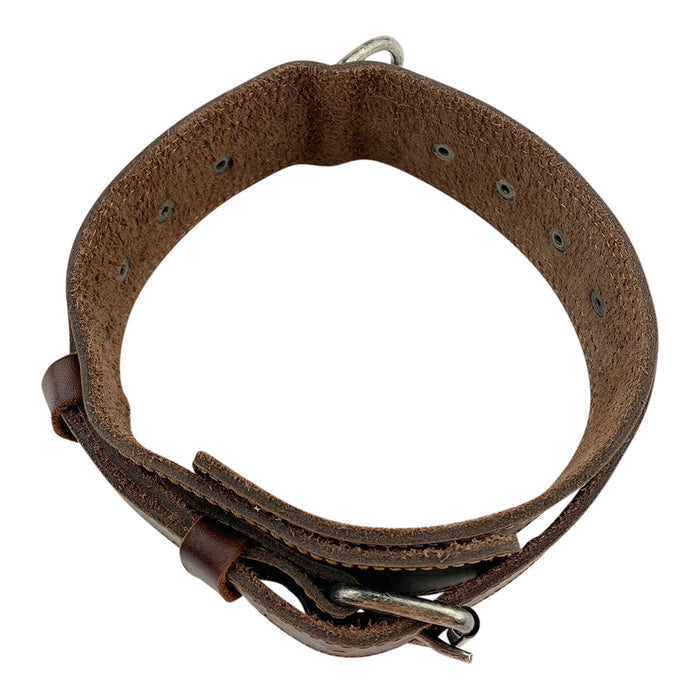 Informative sizing guide for the Double Layer Dog Collar by Taco Dog, illustrating neck circumference for large dogs between 15.5 and 19.3 inches. This collar is a heavy-duty, handmade accessory crafted from thick full grain leather, featuring 6 adjustable holes and durable metal hardware.