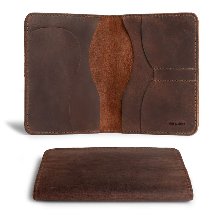 Inside view of Hide & Drink's Double Passport Wallet W/Key Slot, showcasing the rustic full grain leather design with multiple slots for cards and bills, handmade in La Antigua Guatemala & Oaxaca Mexico.
