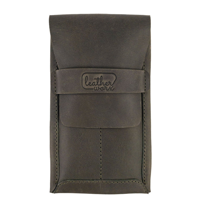 Leather Worx Double Pen Case in rich leather, emphasizing the unique character of Full Grain Leather. This artisan item features hand cut and hand sewn details, produced in small batches for quality assurance in La Antigua Guatemala.