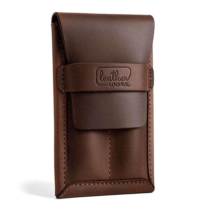 A handcrafted Double Pen Case by Leather Worx made from Full Grain Leather, showcasing small batch production techniques. This artisan piece is hand cut and hand sewn, featuring a fire branded logo. Handmade in La Antigua Guatemala and Oaxaca Mexico.