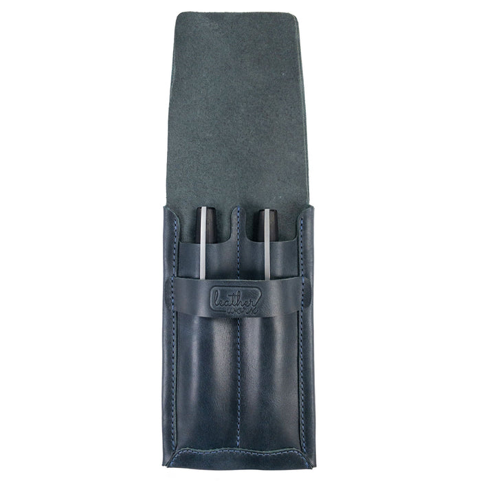 Leather Worx Double Pen Case made from Full Grain Leather, showcasing artisan craftsmanship with hand cut and hand sewn details. This small batch production item, fire branded, is handmade in La Antigua Guatemala. Perfect for stylishly organizing your pens.