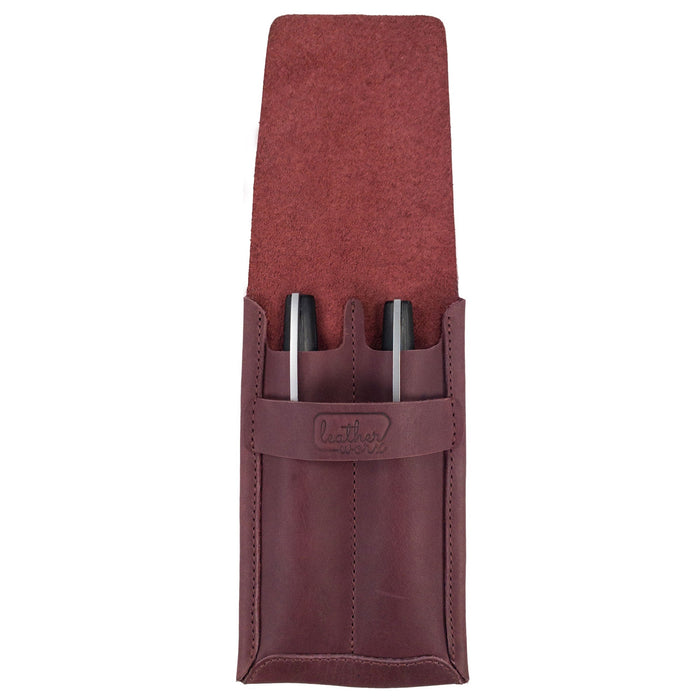The Double Pen Case from Leather Worx beautifully displays its craftsmanship in Full Grain Leather, perfect for any pen enthusiast. This artisan piece is handmade in La Antigua Guatemala & Oaxaca Mexico, featuring hand cut and hand sewn elements, and is celebrated for its small batch production.